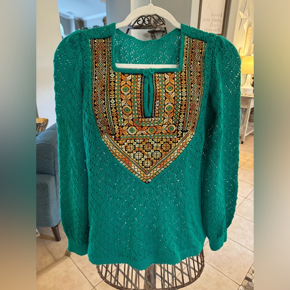 Women’s Vintage Green Knitted Boho Tunic. Size Medium Long Sleeve